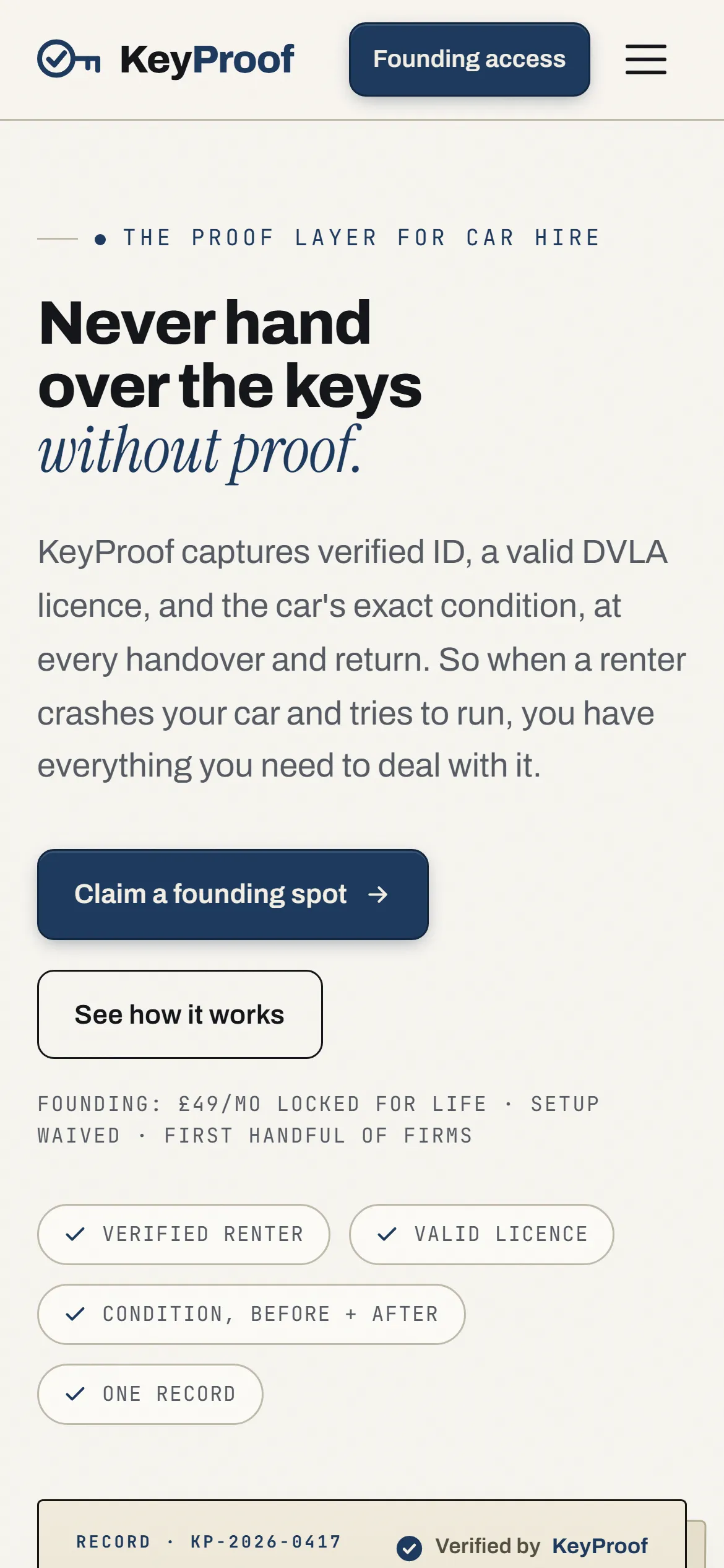 The KeyProof homepage on iPhone