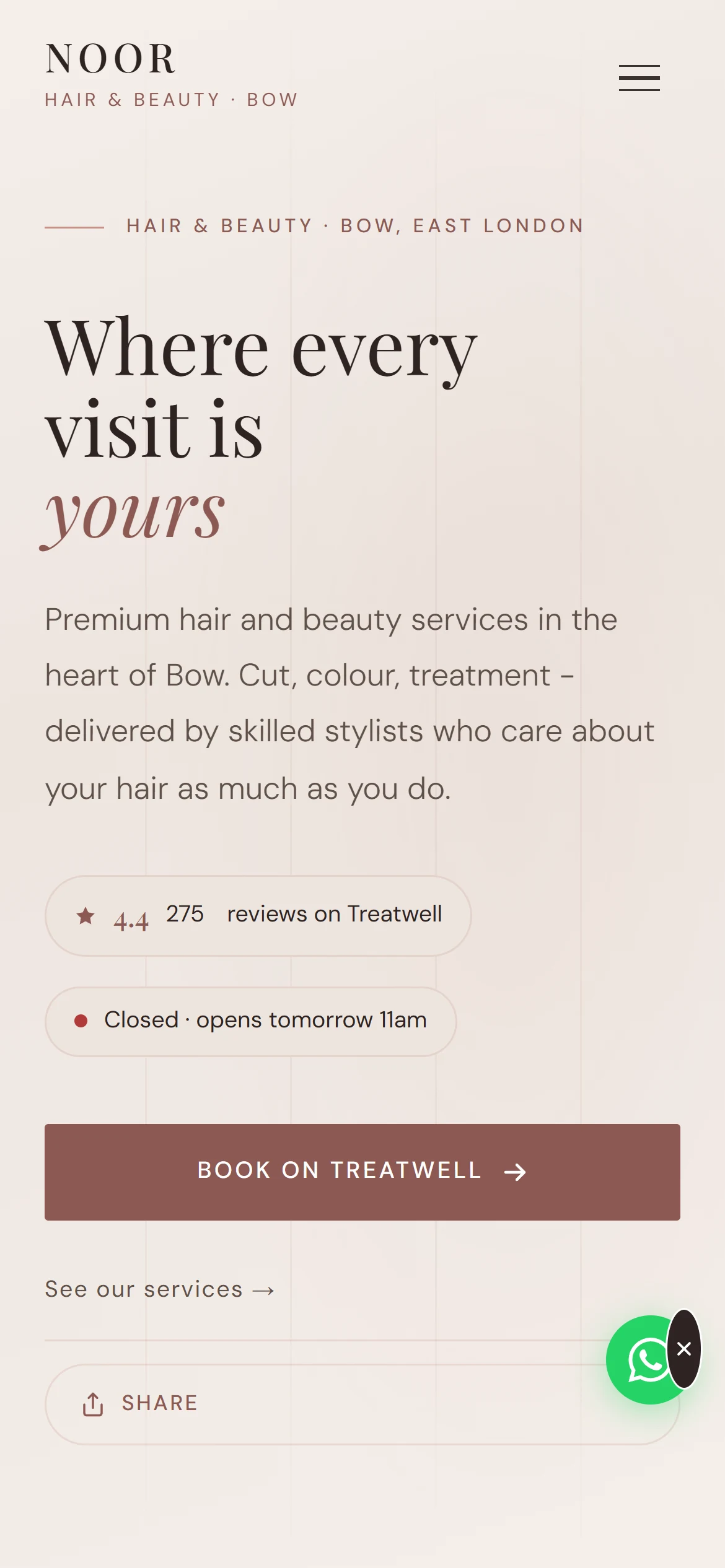 Noor Hair & Beauty homepage on iPhone