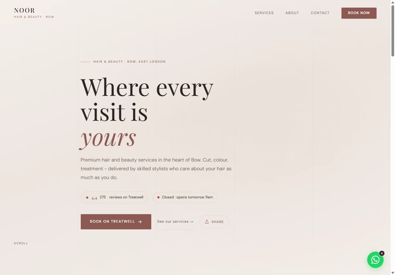 The Noor Hair and Beauty website homepage on desktop