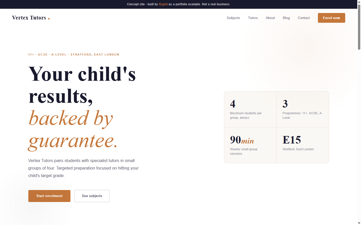 Screenshot of the Vertex Tutors website homepage