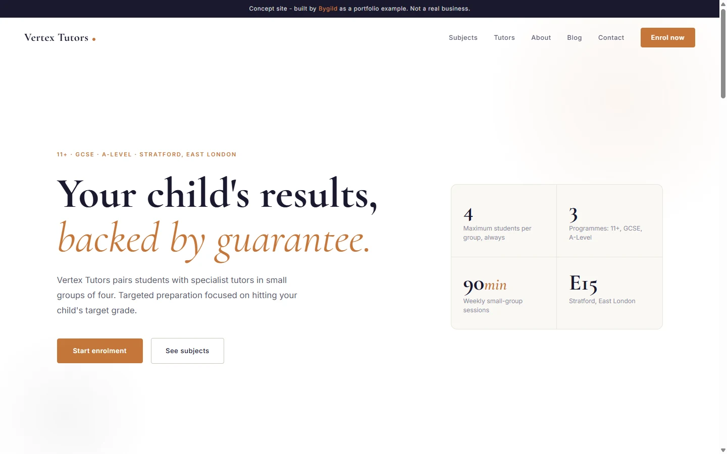 The Vertex Tutors website homepage on desktop